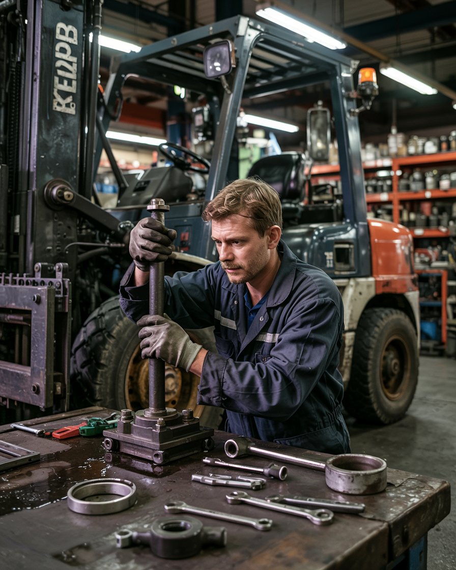 Técnico realizando manutenção em empilhadeira